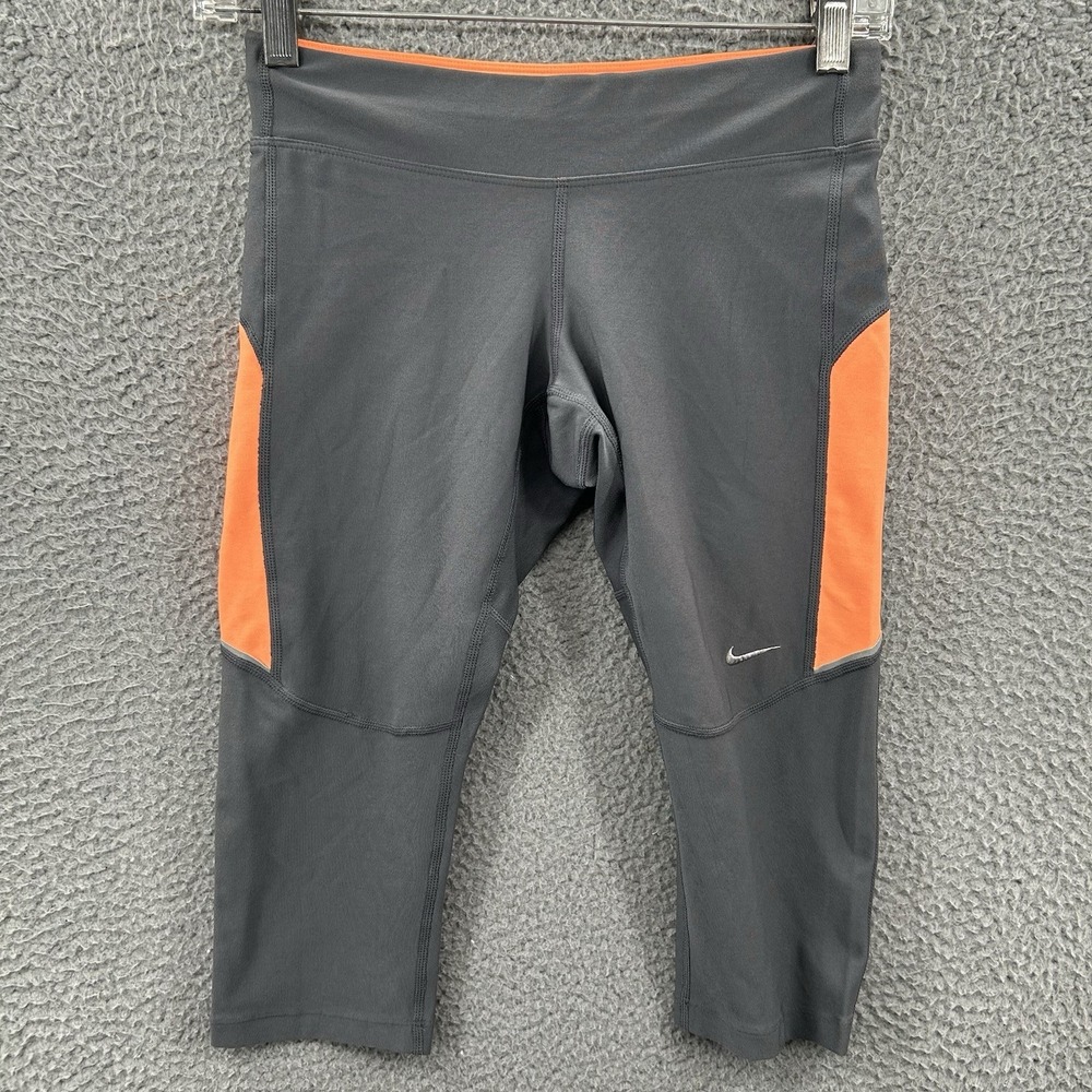 NIKE Womens XS Dri‎ Fit Running Filament Capri Leggings Gray Orange Cropped Pant